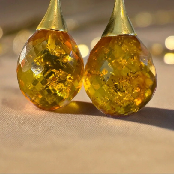 Genuine Faceted Honey Amber Gold/Sterling Dangle Earrings - Picture 8 of 13
